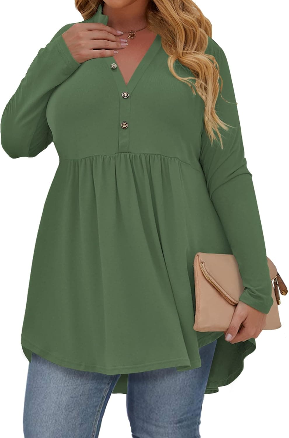 DEFJOOY Women's Plus Size Henley Shirts V Neck Button Tunic Tops Long Sleeve Tunics