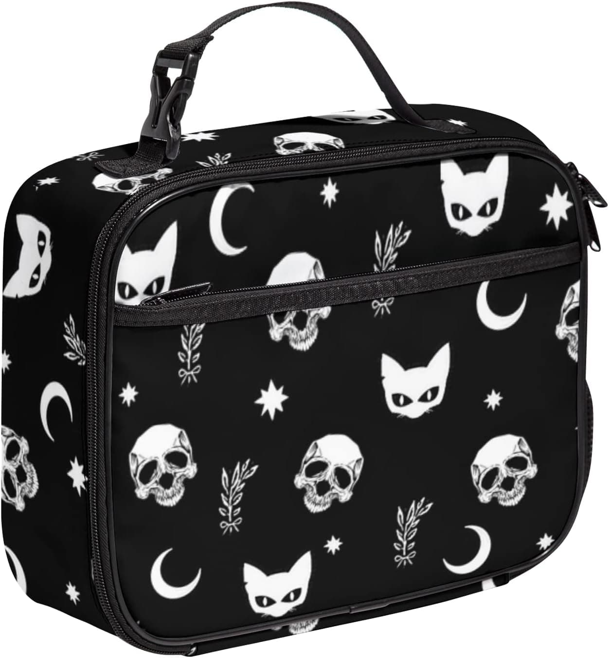 Funrvcob Skull Gothic Cat Moon Lunch Box Bag for Women Men Kids Reusable Cooler Insulated Tote Lunch Box with Pockets for Office Work School Picnic Beach Workout Travel, Black Skull
