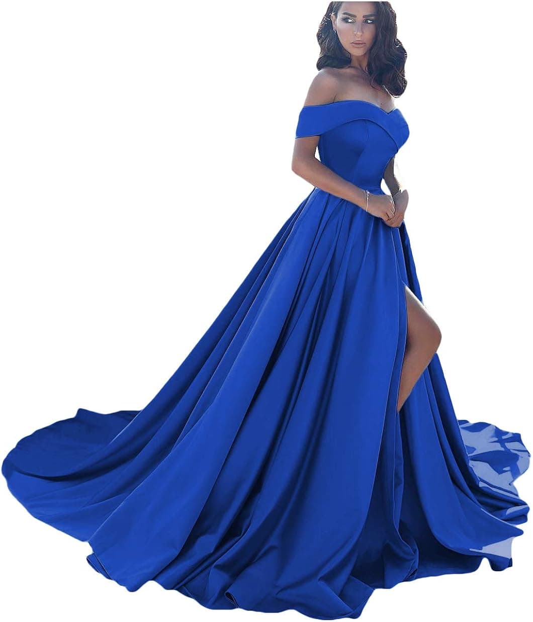 Women's Off The Shoulder Satin Prom Dresses Long for Women Formal Evening Party Gowns with Silt US14 Blue