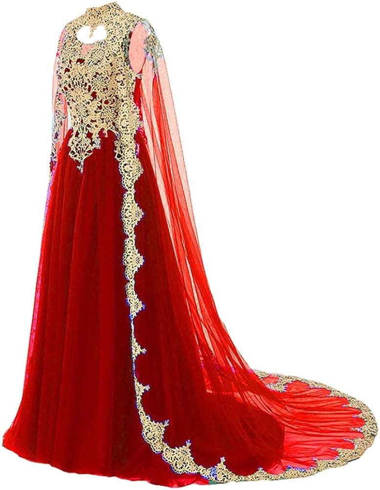 Kivary Gold Lace Vintage Long Prom Evening Dresses Wedding Gowns with Cape