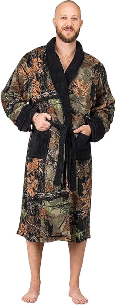 TrailCrest Men's Camo Fleece Bathrobe Plush House Robe - with Shawl Collar