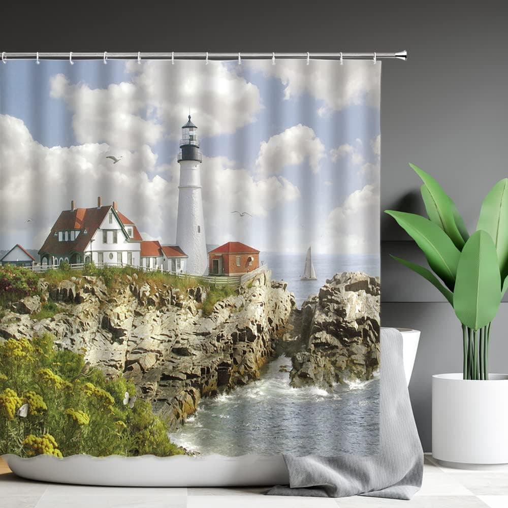 WANVYON Lighthouse Shower Curtain Coast Cape Tower Hut Ocean Wave Rock Beautiful Town Scenery Nautical Ocean Theme Bath Decor Polyester with Hook