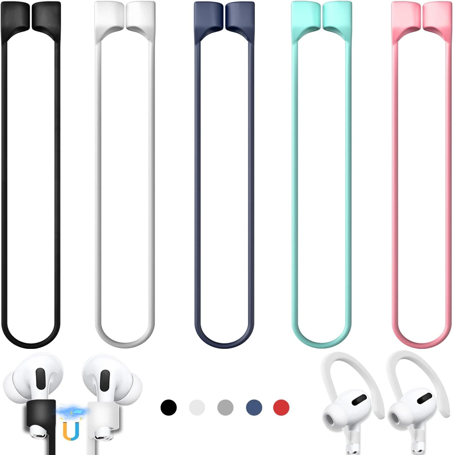 6 Pack Ultra Strong Magnetic Airpods Straps Anti-Lost Cord for AirPods Accessories Silicone Sports Lanyard and Ear Hook for AirPods 1&2, Pro,3rd and Pro 2 (5 Anti-Lost Straps,1 Pair EarHook)