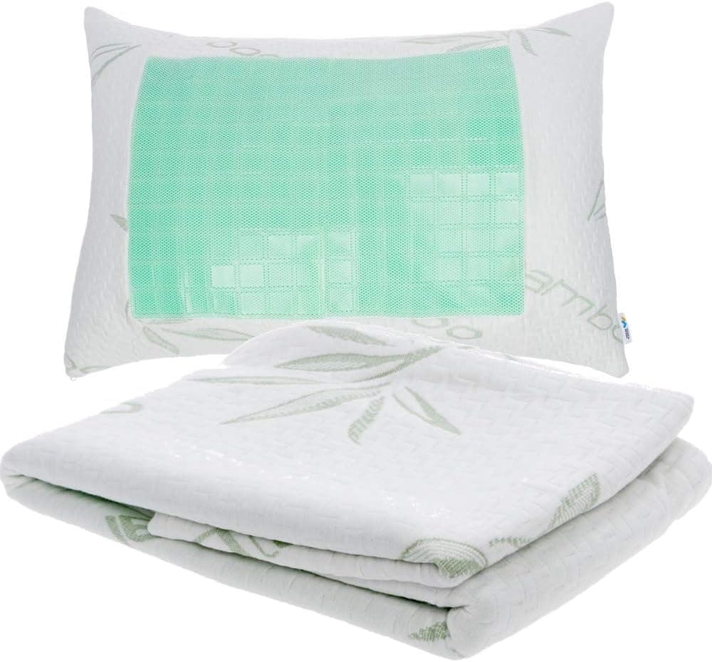 Mindful Design Bamboo-Derived Cooling Pillow Cover - Zipper Removable Pillow Case w/Cooling Gel (Queen)