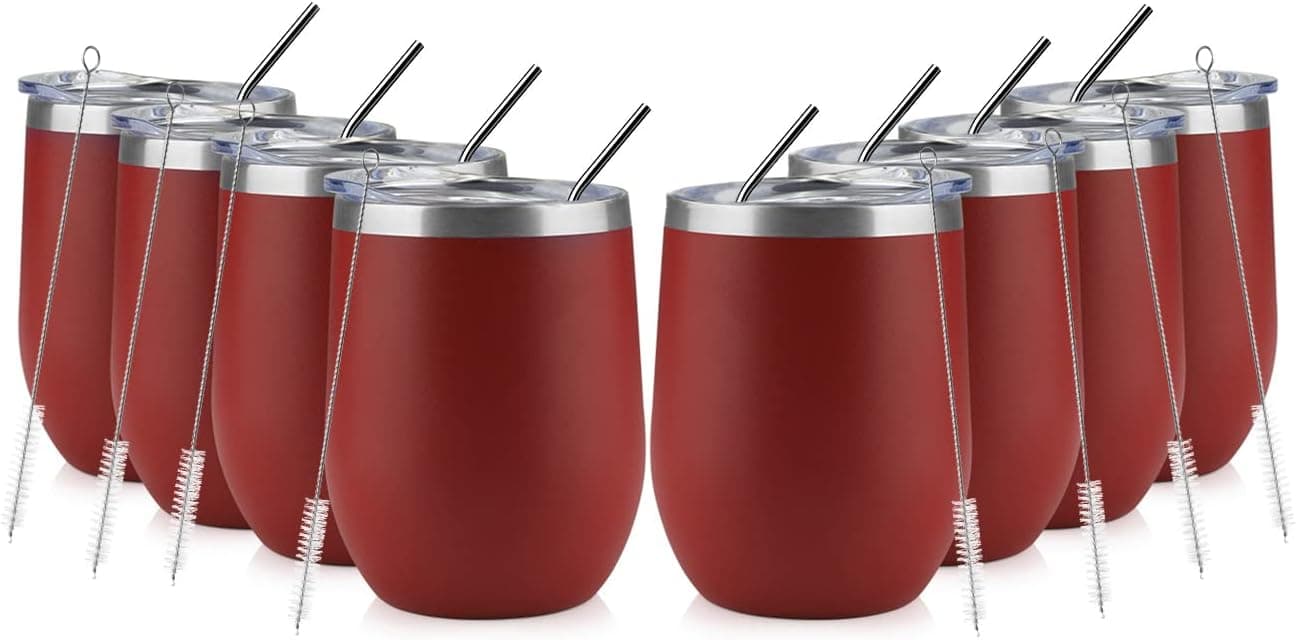 MUCHENGHY 12 oz Wine Glass Tumbler Bulk with Lid, Stainless Steel Double Wall Vacuum Insulated Stemless Wine Glass, Insulated Travel Wine Cup for Champaign, Cocktail, Christmas(Red, 8 Pack)