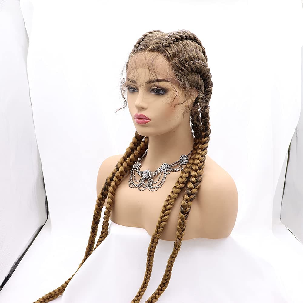 xiweiya 36” Super Long 100% Hand Braided Mixed Brown Blonde Twisted Braids 360 Swiss Lace Front Light Brown Double Dutch Braided Wigs with Baby Hairs for Women Heat Resistant Wig