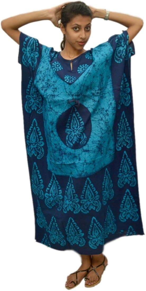 Odishabazaar Womens Cotton Caftan Nighty Blue Batik Kaftan Maxi Dress