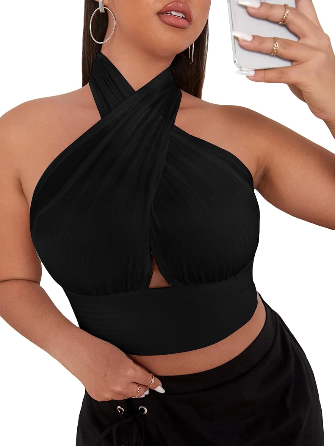 Romwe Women's Cut Out Crisscross Halter Vest Sleeveless Drawstring Wrap Crop Top Cami Tank Tops
