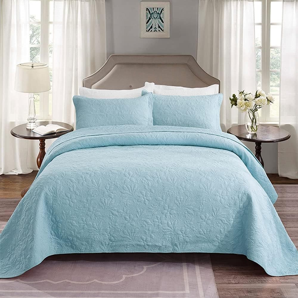 WINLIFE 3-Pieces Lightweight Bedspread for Summer King Size Orchid Print Matelasse Bedspread Coverlet Set (King, Turquoise)