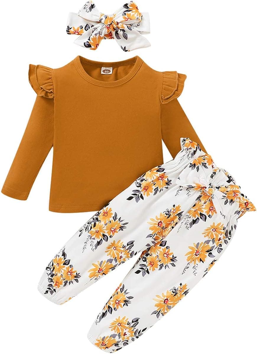 SANMIO Cute Floral Girl Clothes Outfits, Toddler Baby girl Clothes Set Ruffle T-Shirt + Pant Set with Headband