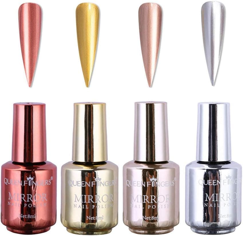 vmree 4 Pcs Colors Mirror Effect Metallic Nail Polish Set, Salon Chrome Nail Powder Lacquer, Nails Art Manicure Art Decoration Glitter, 8ml/0.27oz (A)