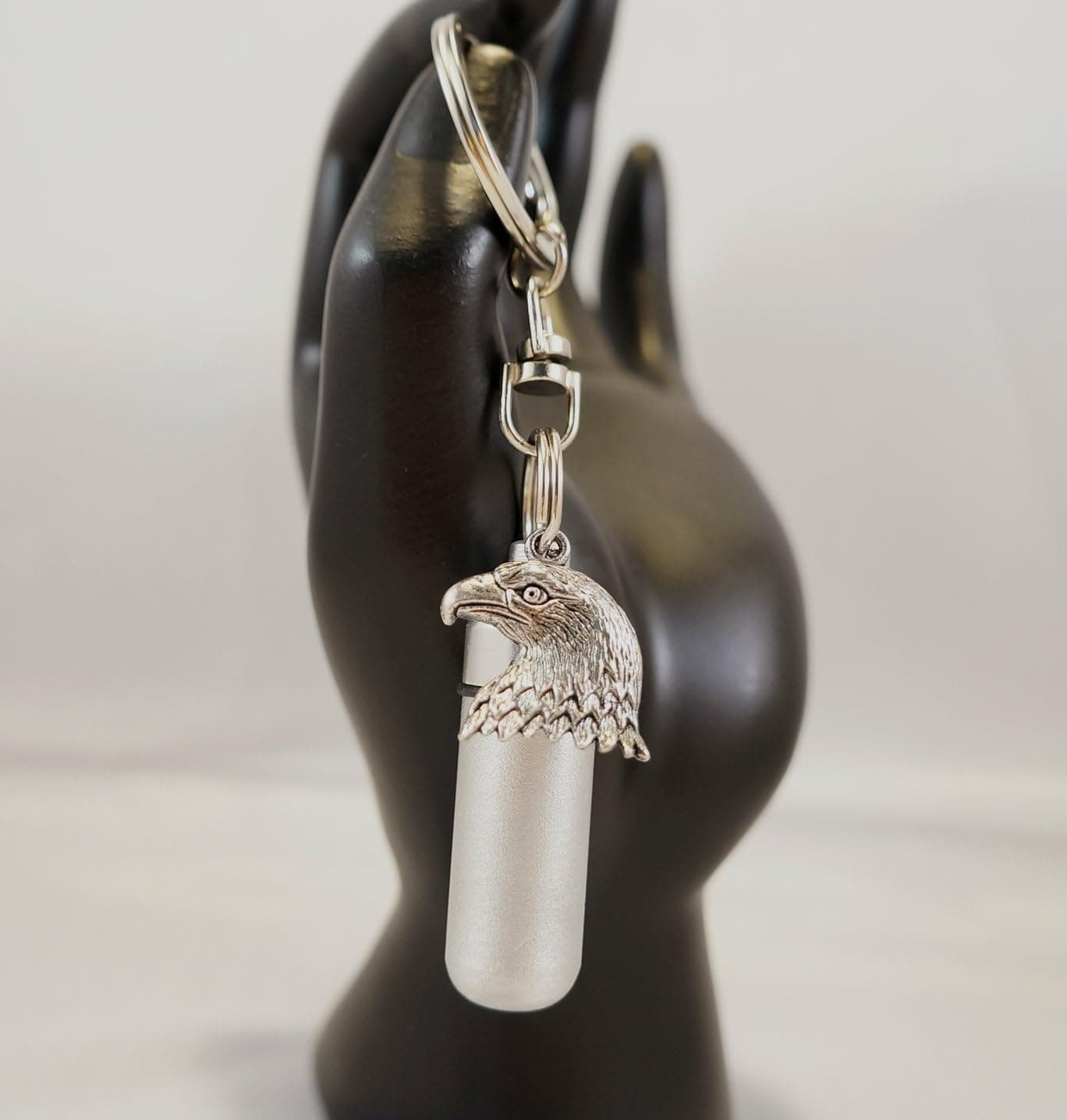 Pasco Specialty Products Brushed Silver Bald Eagle Cremation URN with Engraved American Flag on Steel Swivel Keychain - Includes Velvet Pouch & Fill Kit