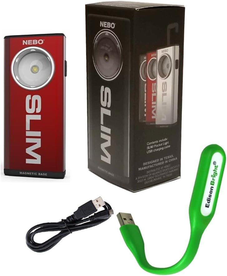 Nebo SLIM 500 lumen rechargeable pocket/keychain light 6694 with EdisonBright USB powered reading light bundle (Red)