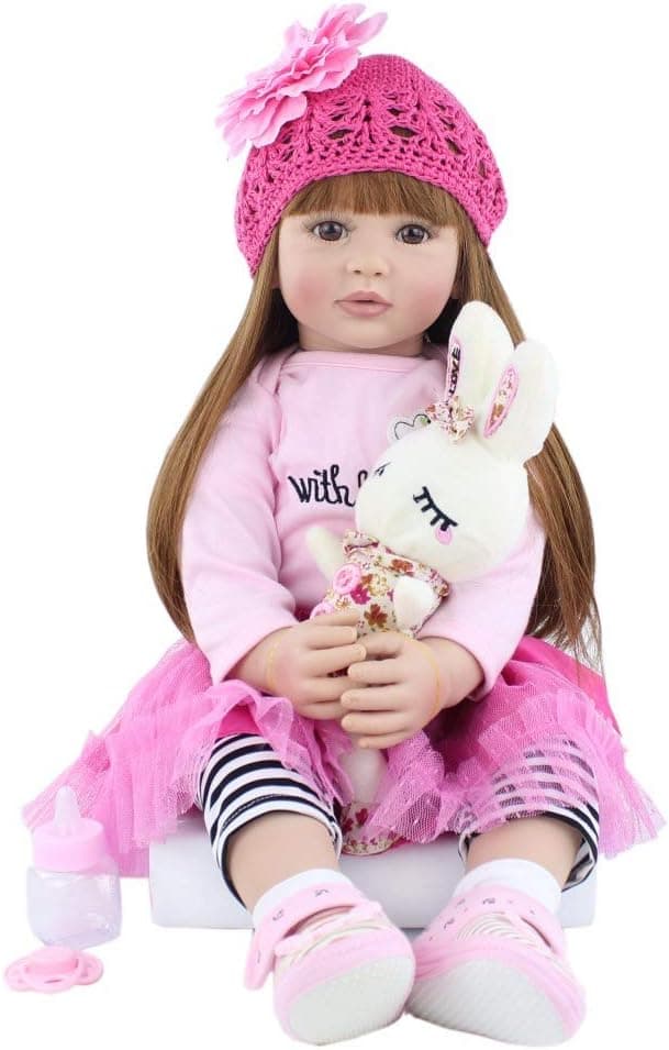 Reborn Toddler Dolls Girl Lifelike 24 inches Silicone Baby Doll with Long Brown Hair Open Eyes Look Real