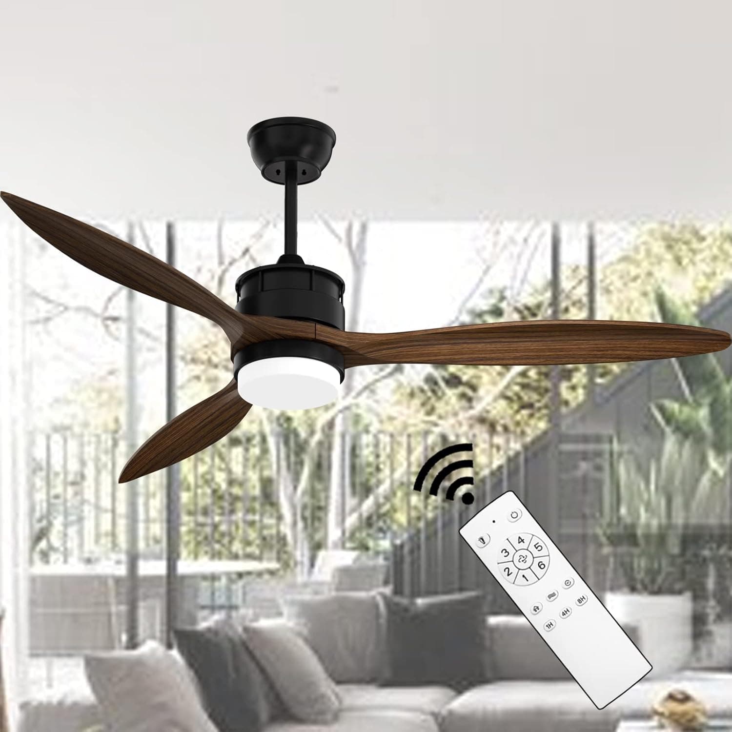 Obabala 60" Outdoor Ceiling Fan with Lights and Remote Control - 3 Wooden Blade Ceiling Fans with LED Lights - 6 Speed Reversible DC Motor and Matte Black