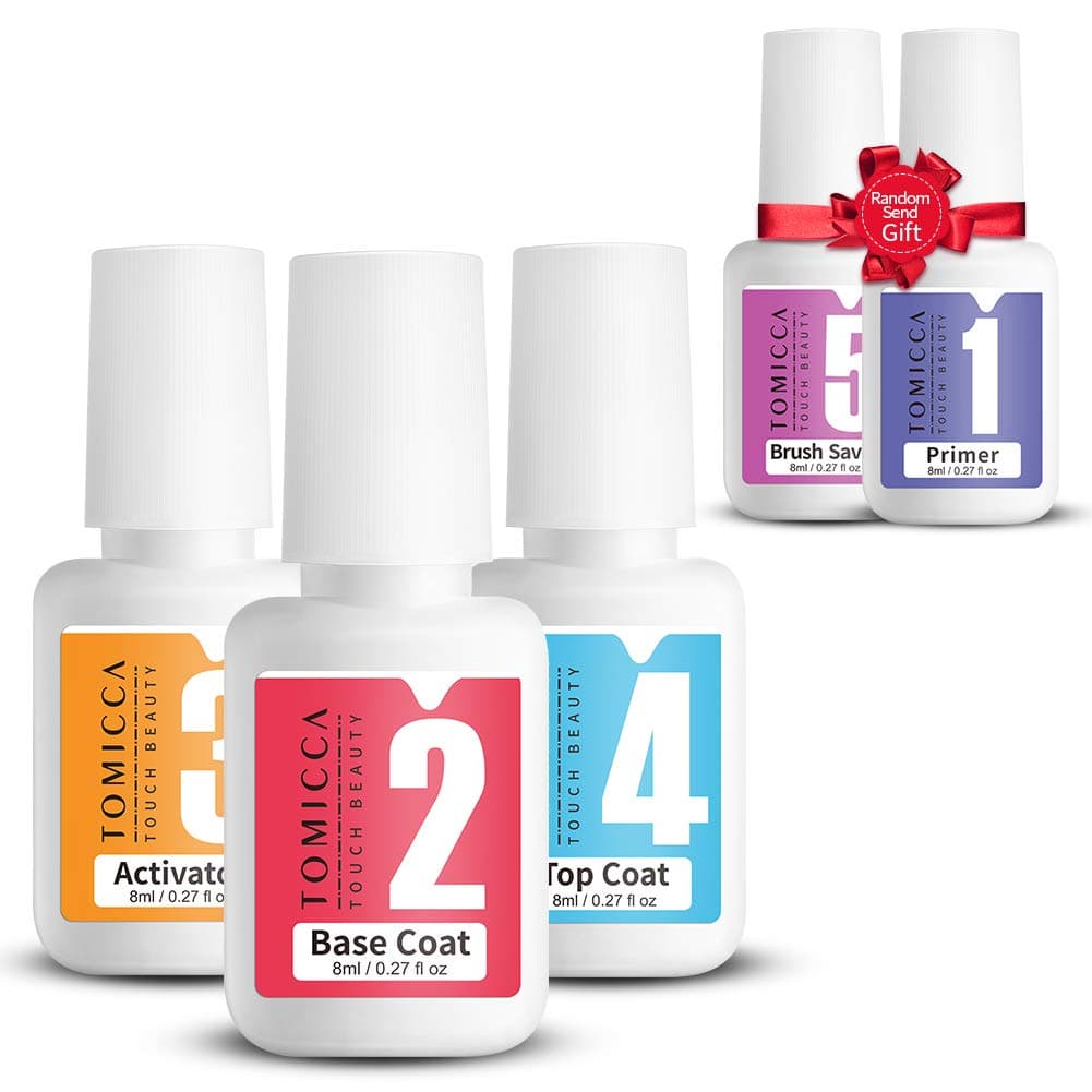 Dip Powder Gel Liquid Set with Base Top Coat, Activator, (Primer and Brush Saver Random No Charge Delivery) 8ml/0.27 fl oz, Dipping Powder Acrylic Nail Manicure Pedicure No UV/LED Nail Lamp Needed