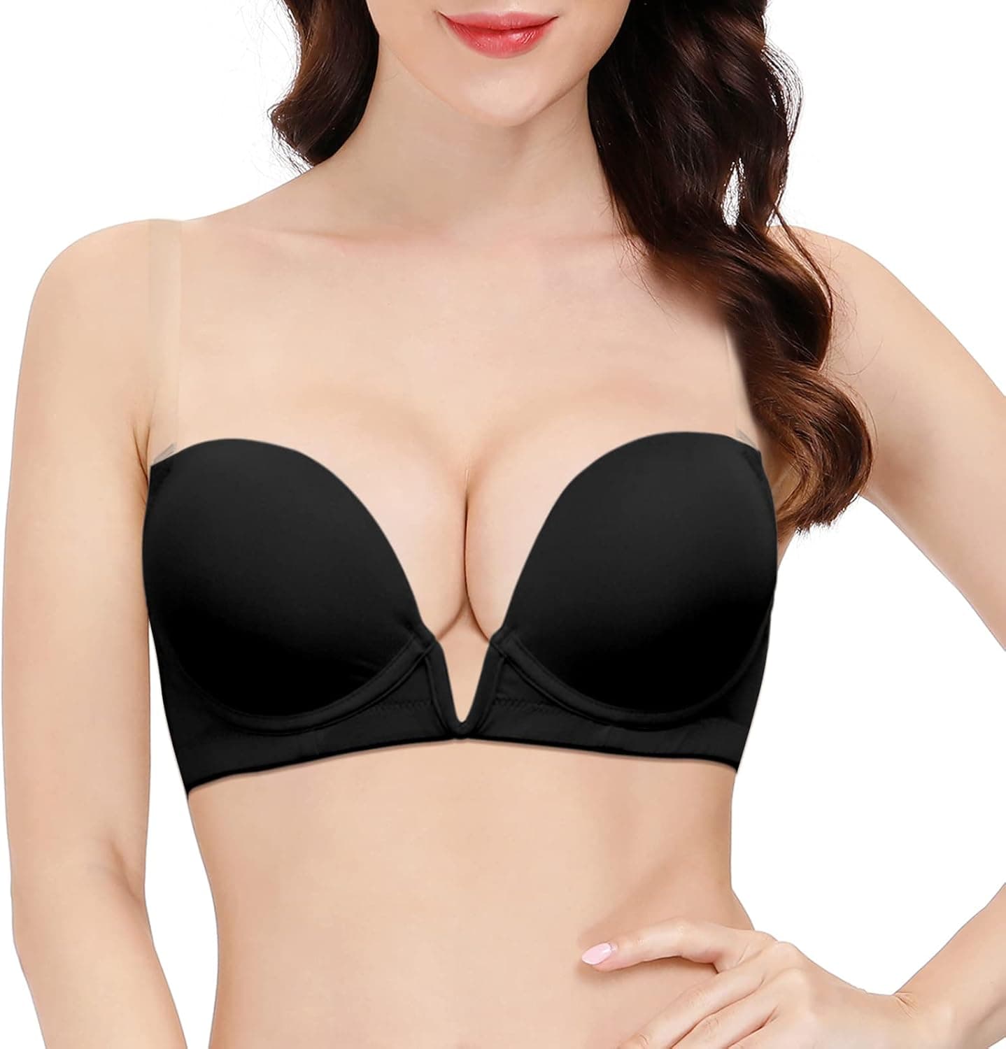 Rasback Women's Deep V Plunge Padded Push Up Convertible Bra with Clear Straps Low Cut Underwire Bra