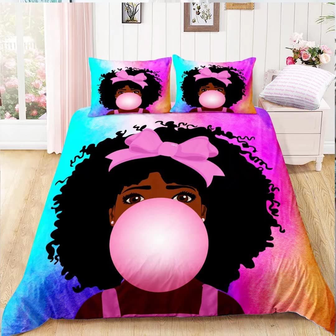 Black Girl Bubble Gum Bedding Set Full,Black Girl Magic Art Comforter Cover, Cute African American Girl Printed Duvet Cover Sets,Kids Bedroom Decor (1Duvet Cover +2Pillowcases) No Comforter