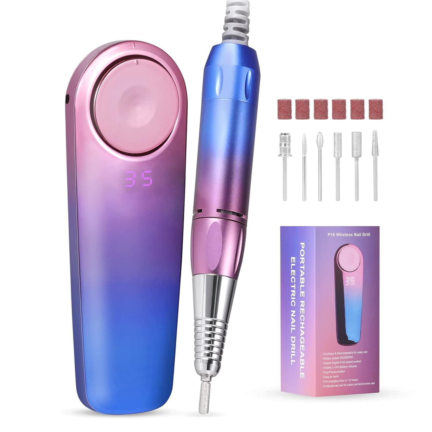 Professional Nail Drill Machine, Yoobao Rechargeable 35000RPM Electric Nail File for Acrylic Gel Polygel Nails, Portable Nail Drill Kit with 6 Bits for Nail Art Manicure Pedicure-(Gradient Color)