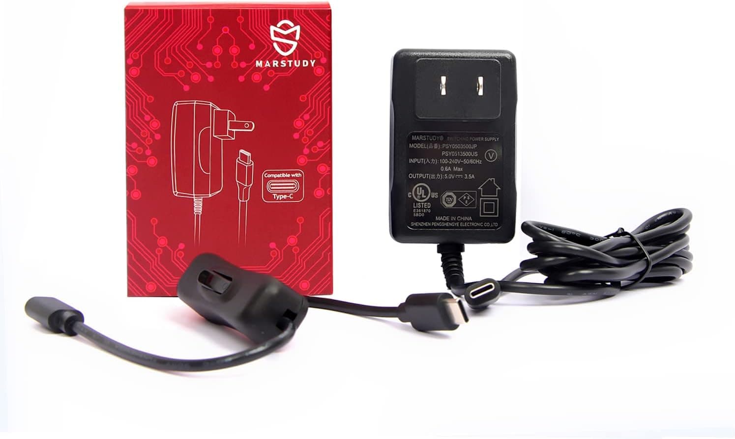 MARSTUDY 3A Raspberry Pi 4 Model B Power Supply, USB-C, US Plug with On/Off Pi Switch, Black