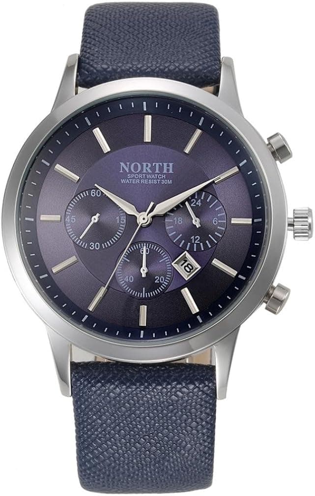 North Sports Luxury Mens Genuine Leather Band Analog Quartz Watches Wrist Watch Blue