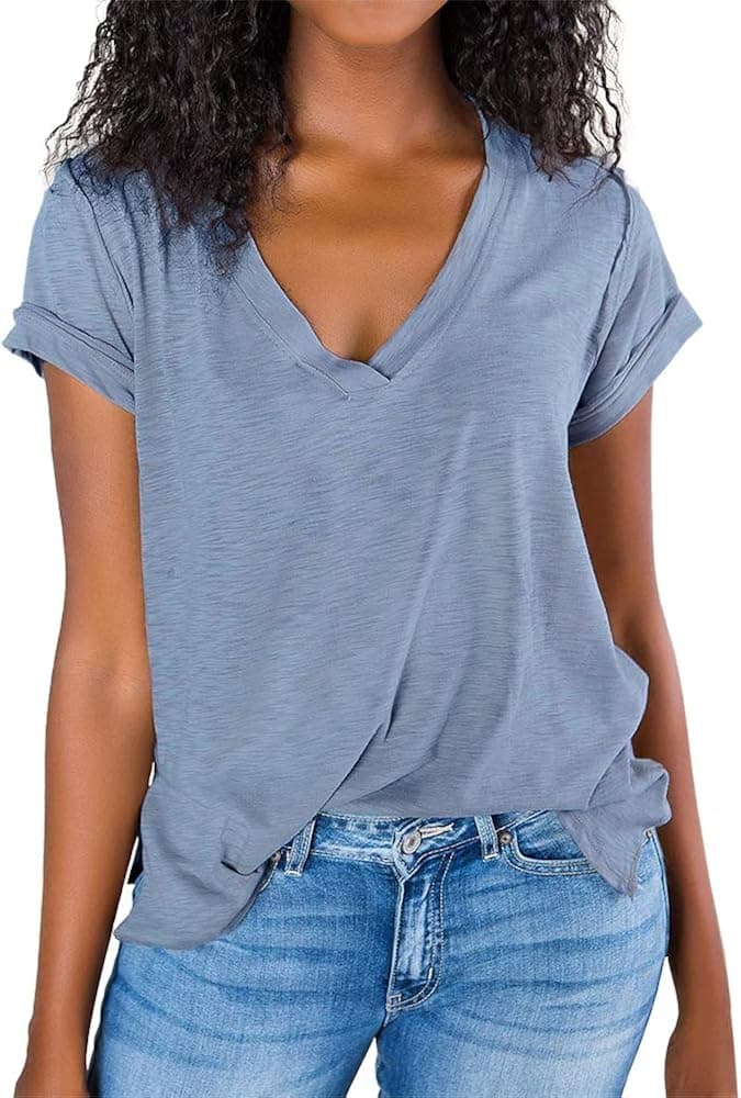 Goranbon Women's V Neck Tshirts Summer Casual Loose Short Sleeve Natural Cotton Tops