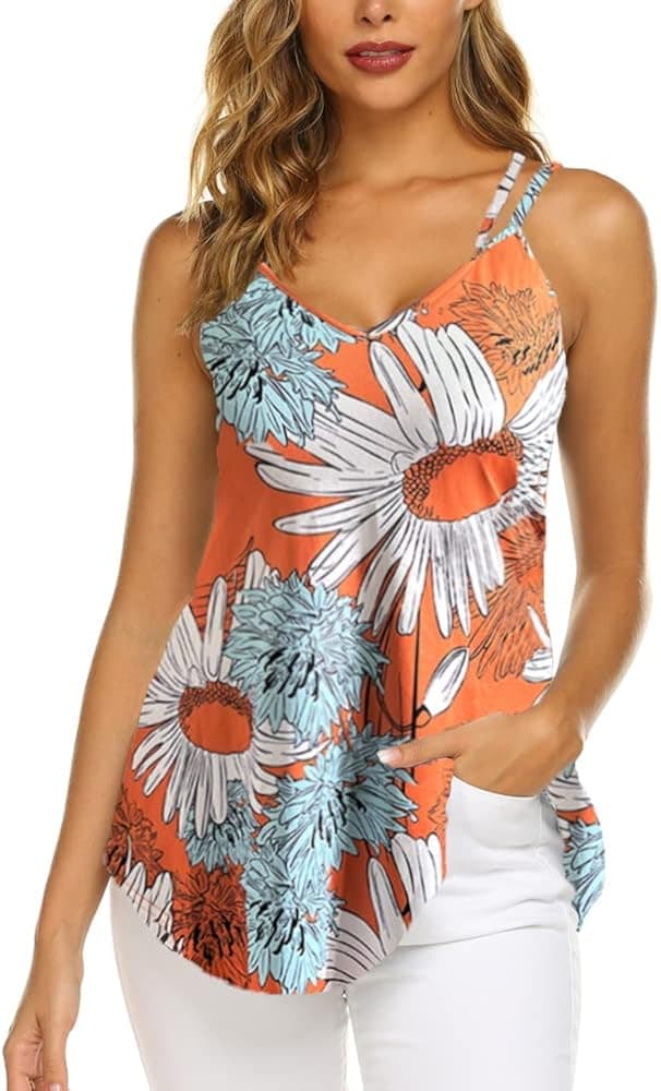 Supnier Women's Casual Summer Spaghetti Strap Tank Tops Floral Print Sleeveless V Neck Strappy Shirts