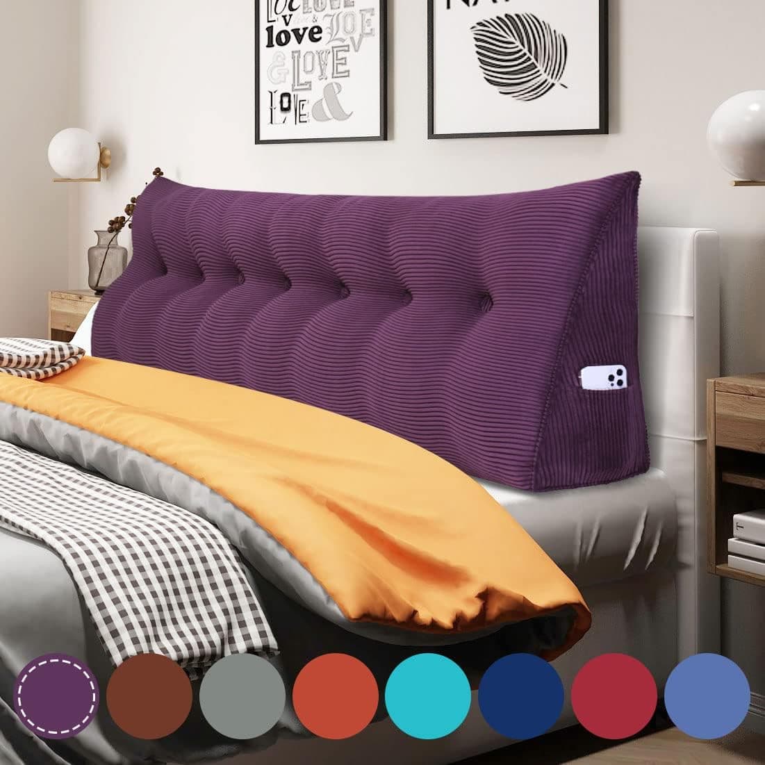 WOWMAX Wedge Body Positioners Pillow Reading Bedrest Pillows Large Bolster Headboard Back Support Lumbar Cushion for Daybed with Removable Cover, Gifts for Mom, Corduroy Purple King