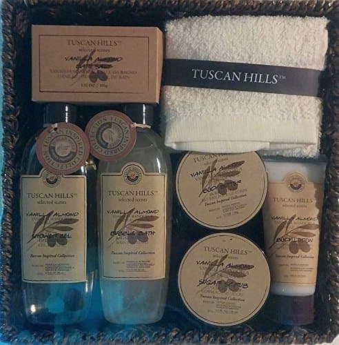Tuscan Hills Vanilla Almond 8 PC Bath and Body Set with Wicker Vanity Tray