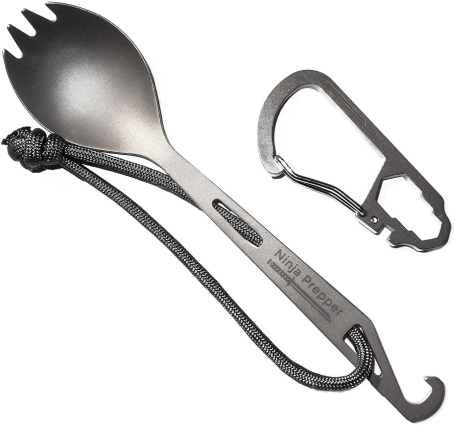 Ninja Prepper Yari, The Titanium Spork with Utility Carabiner | Built in Bottle Opener