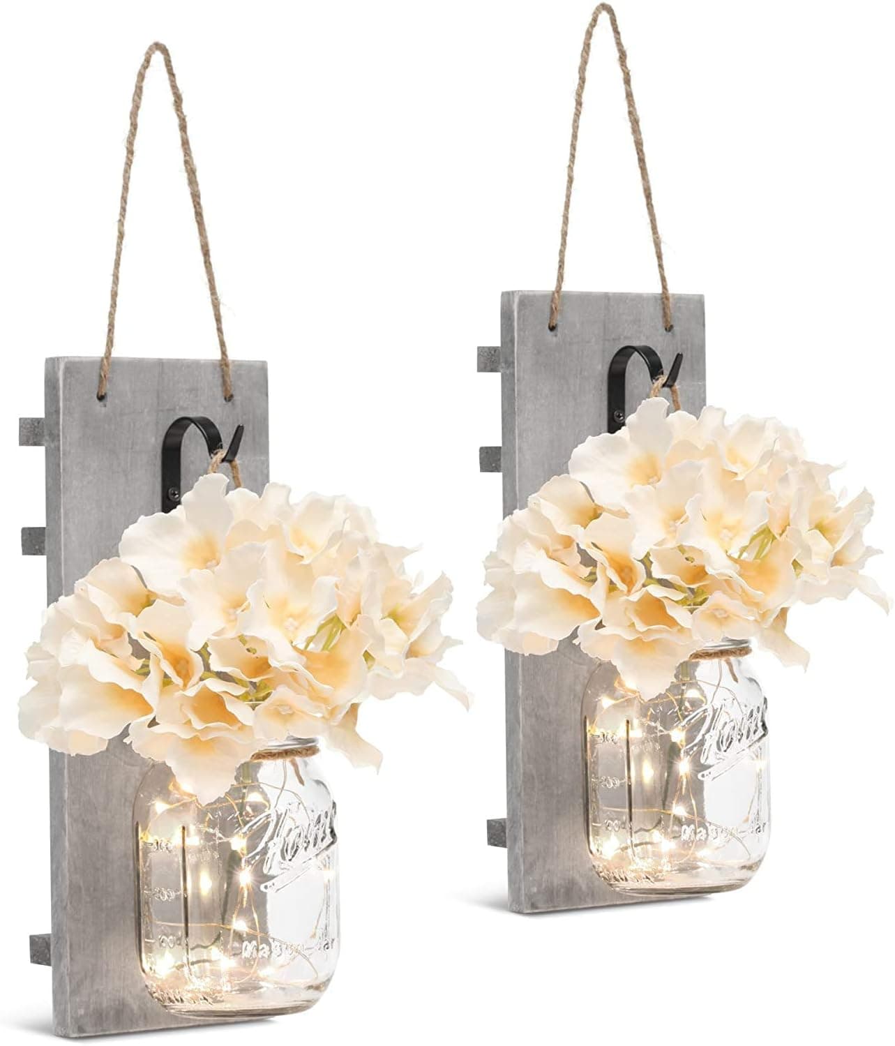 TEEHOME Rustic Hanging Mason Jar Sconces Home Decor (2 pcs) with LED Fairy Lights, Vintage Wrought Iron Hooks Kitchen Decoration, Silk Hydrangea Flower LED Strip Lights Design