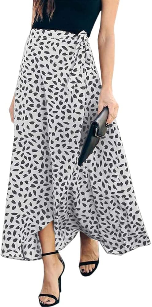 Geckatte Womens Leopard Skirts Casual Pleated High Waist Flowy Long Maxi Skirt