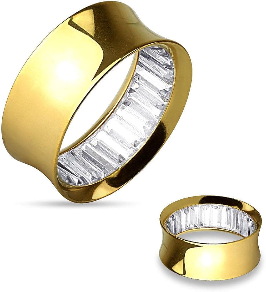 Lobal Domination Pair of Inner Clear Square Gems & Gold Ion Plated Steel Saddle Tunnels Double Flare Plugs Gauges