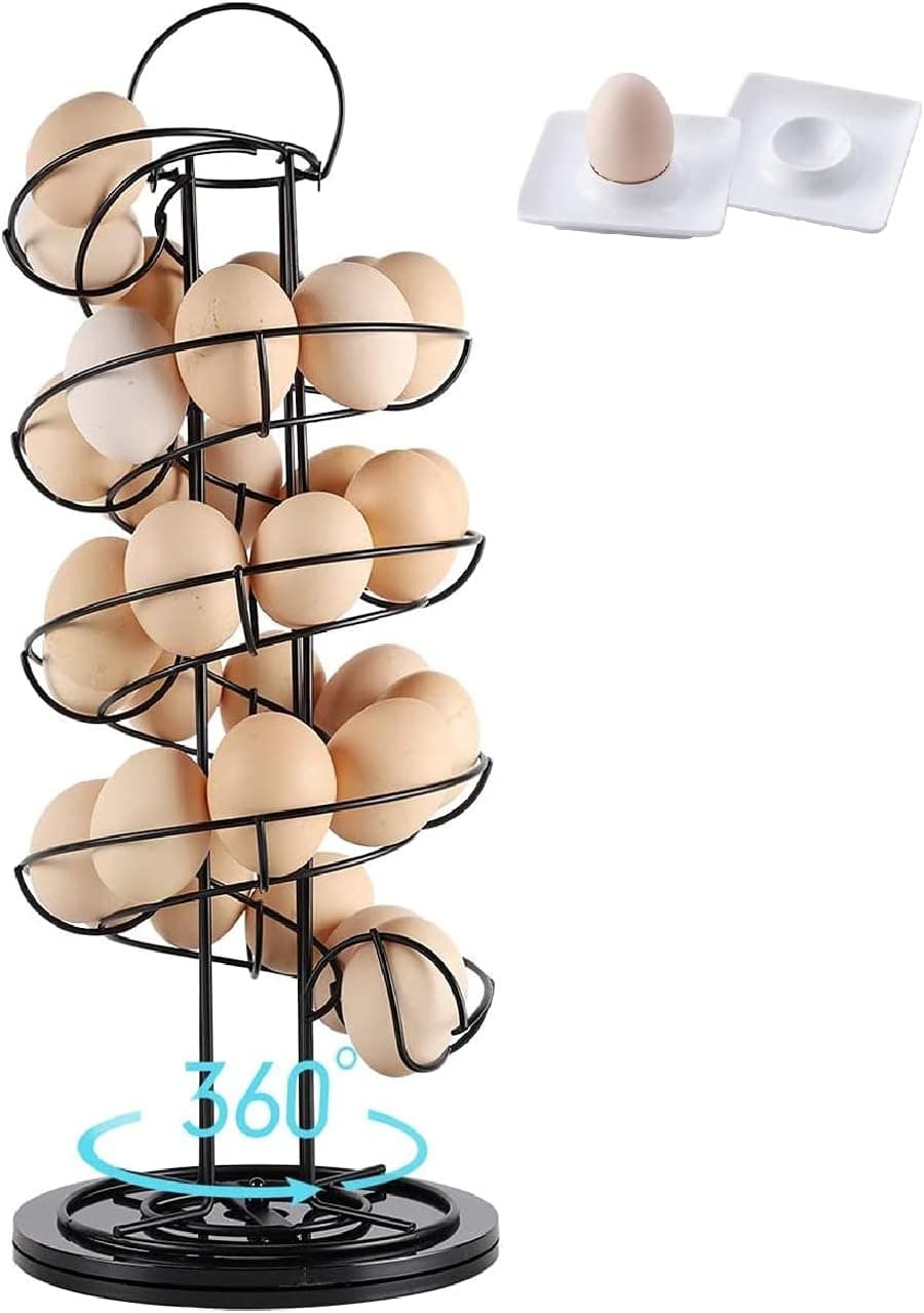 TAMAYKIM Large Spinning Spiral Egg Skelter Dispenser, Upgrade Sturdy Base Rotatable Egg Organizer with 2 Egg Cups, Modern Design Metal Egg Storage Display Rack for Kitchen Countertop Black