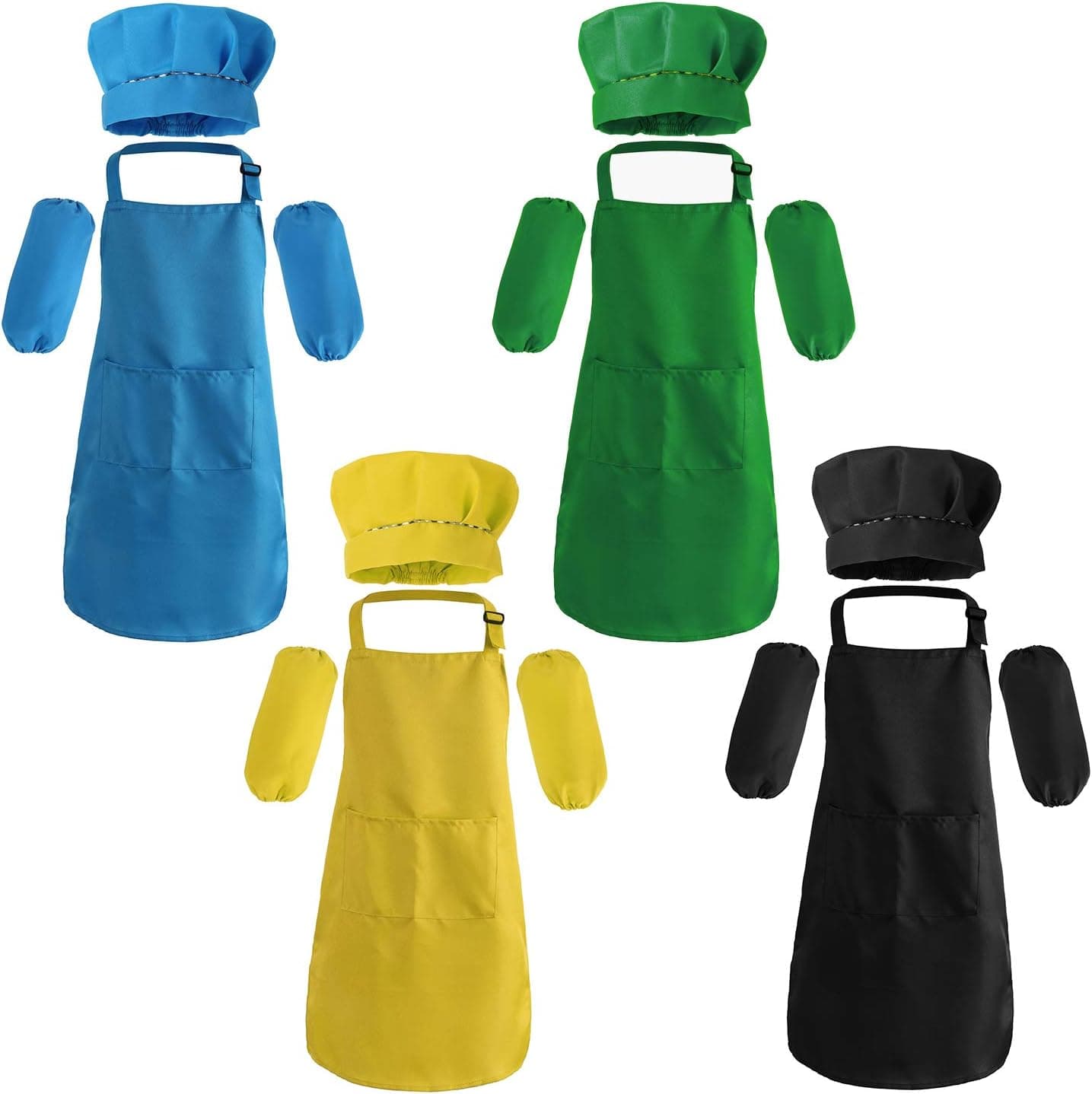 Suwimut 16 Pieces Kids Apron and Chef Hat Set with Pocket, Adjustable Children Chef Apron with Sleeves for Age 7-13 Years Old Boys Girls Kitchen Baking Painting Cooking Wear, Multi-Color, Large