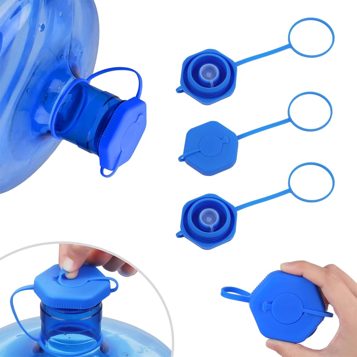 5 Gallon Water Jug Cap 3PCS Silicone Leak and Spill Resistant Replacement Caps Plug 5 Gallon Jug Lid for 55mm Water Bottles Plug Reusable No Spill Top Lid Cover with Hanging Ring Plug