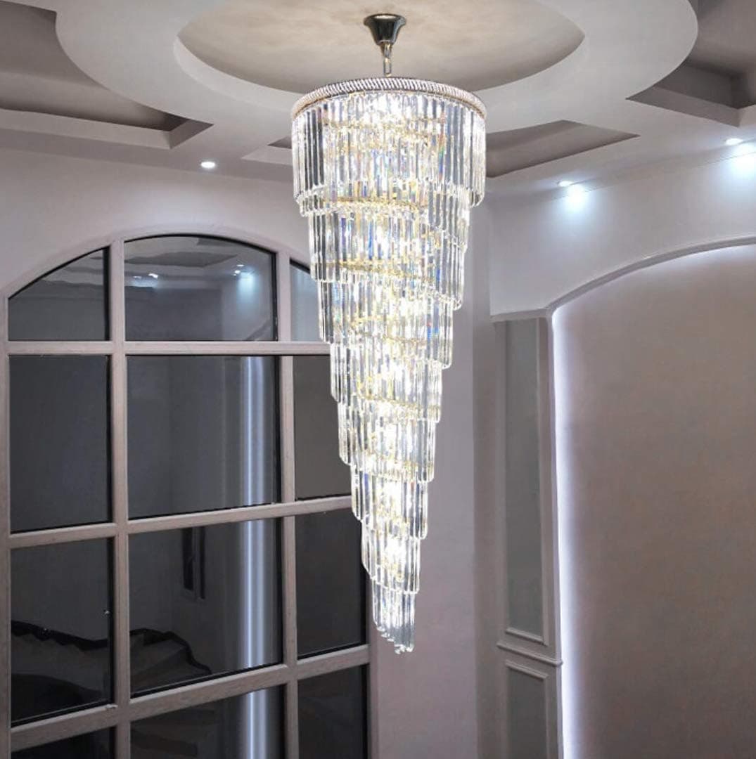 Bagood Crystal Staircase Chandelier Modern Crystal Raindrop Chandelier Villa Living Room High Ceiling Chandeliers Ceiling Light Fixtures for Hallway,Lobby,Foyer W27 xH79