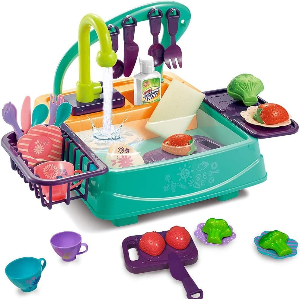 Growinlove Kids Kitchen Sink Toy with Running Water, Play Sink Electric Dishwasher Toy, Kitchen Playset with Automatic Water Cycle System Pretend Role Play Kitchen Toys Present for Kids Boys Girls