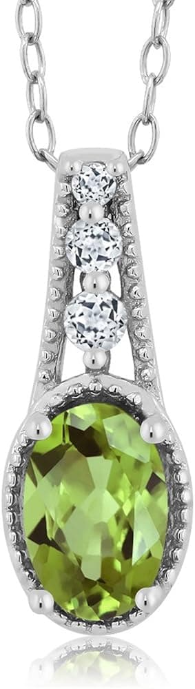 Gem Stone King 0.86 Ct Oval Green Peridot & White Topaz Sterling Silver Pendant 18 inches