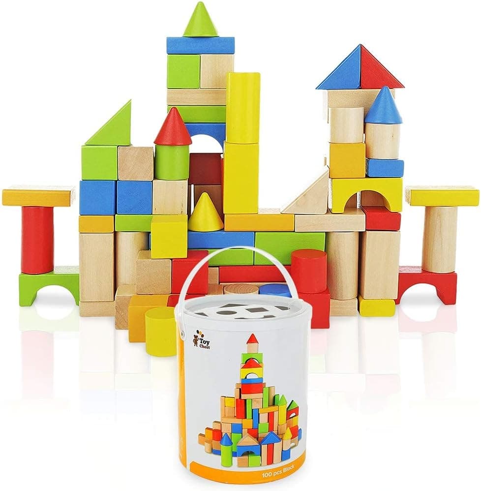 Wooden Building Blocks Set - 100 pc for Toddlers Preschool Age - Classic Hardwood Plain & Colored Small Wood Block Pieces for Boys & Girls - Basic Educational Build & Play Toy