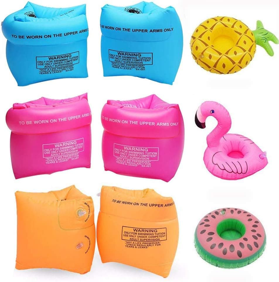 6Pack PVC Arm Floaties Inflatable Swim Arm Bands Floater Sleeves Swimming Rings Tube Armlets with 3Pcs Inflatable Drink Holder for Kids Toddlers and Adults (Pink Blue Orange)