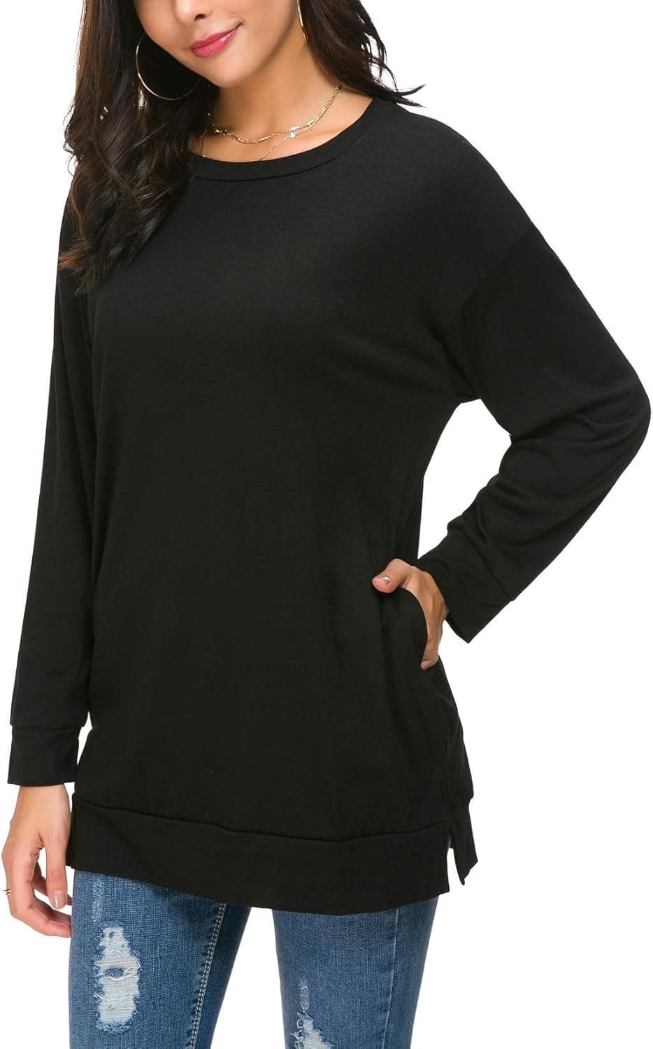 ZZER Women Batwing Long Sleeve Fall Side Split Loose Casual Pullover Tunic Tops with Pockets