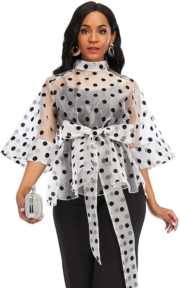 AOMEI Women's Stand Collar Polka Dot See Through Front Tie Peplum Blouse