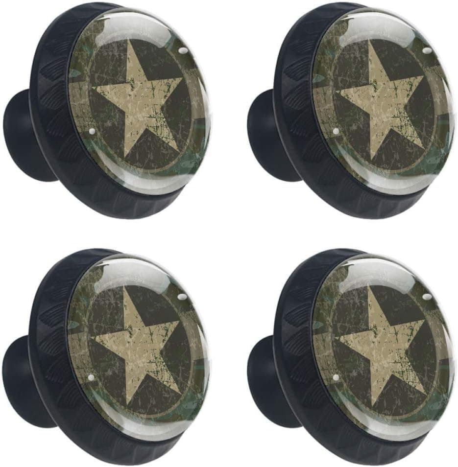 LORVIES Military Background Drawer Knob Pull Handle Crystal Glass Circle Shape Cabinet Drawer Pulls Cupboard Knobs with Screws for Home Office Cabinet Cupboard (4 Pieces)