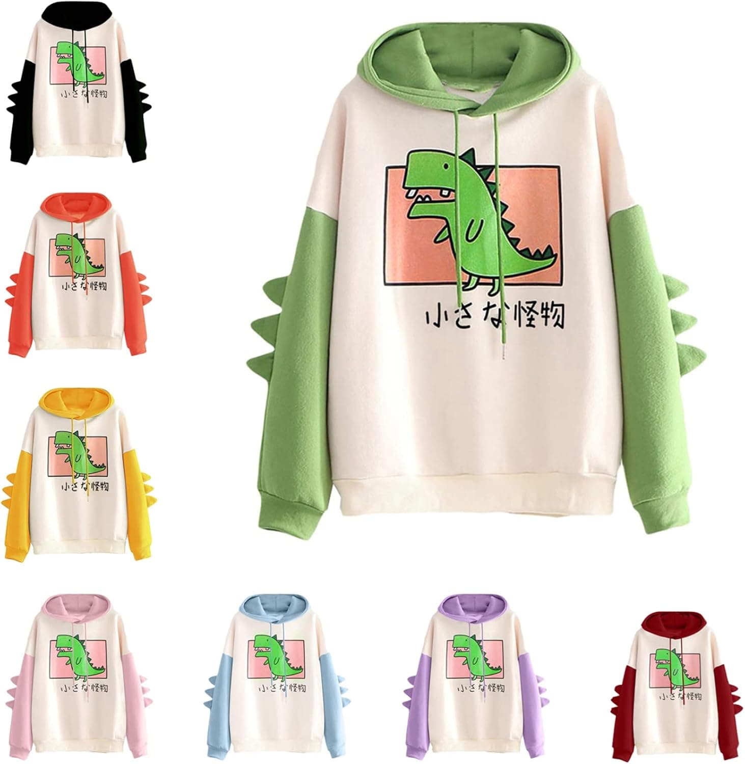 Meichang Cute Dinosaur Hoodies for Womens Color Block Sweatshirt Long Sleeve Tops Teen Girls Casual Pullover