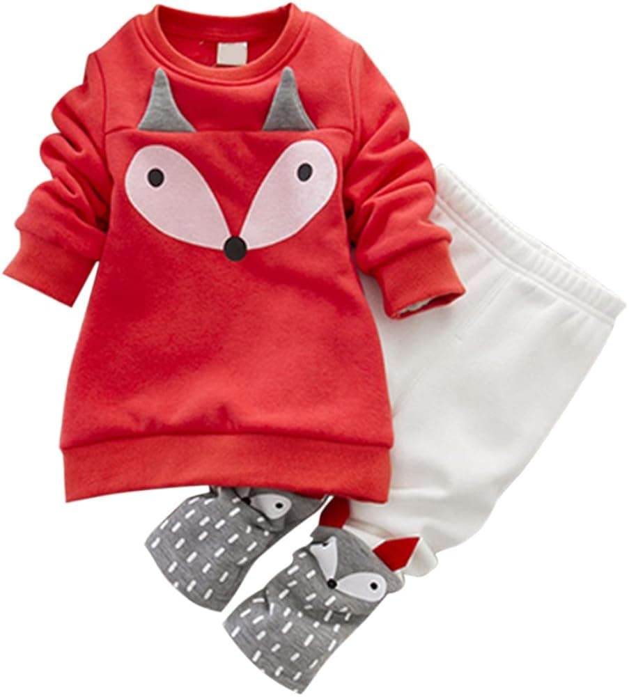 Molil Baby Girls Winter Long-Sleeved Cartoon Fox Thick Velvet Sweater Suits Set