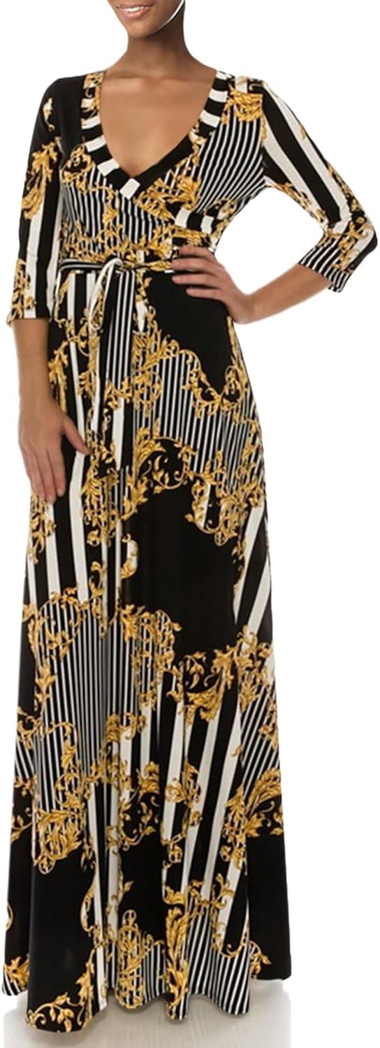 Bon Rosy Women's #MadeInUSA 3/4 Sleeve V-Neck Printed Maxi Wrap Dress