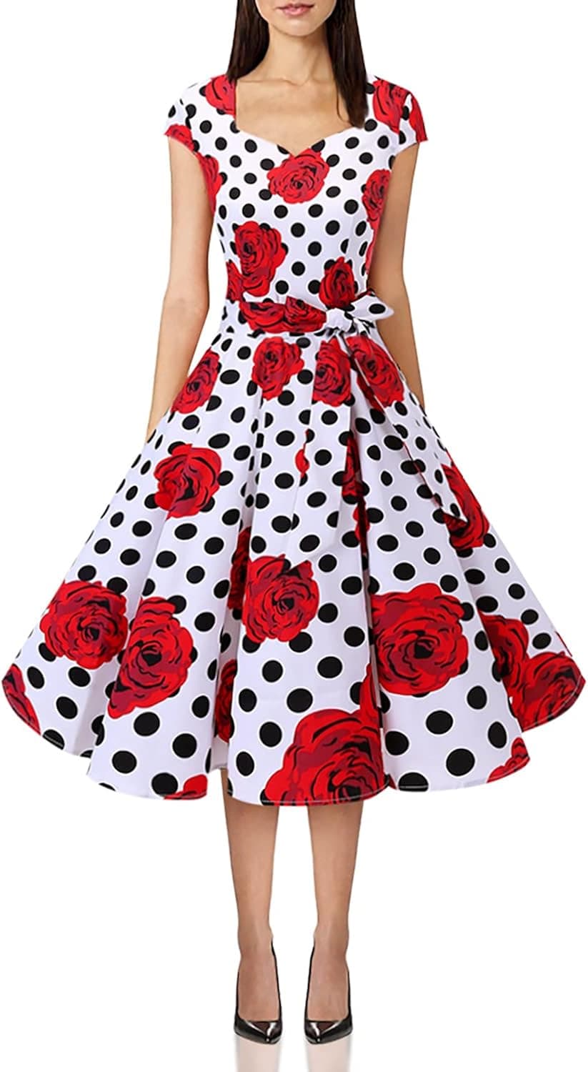 50s Dress for Women, 1950s Dresses for Women, 50s Style Dresses for Women, Audrey Hepburn Dress, Vintage Dresses for Women White Red Rose Dot 3XL