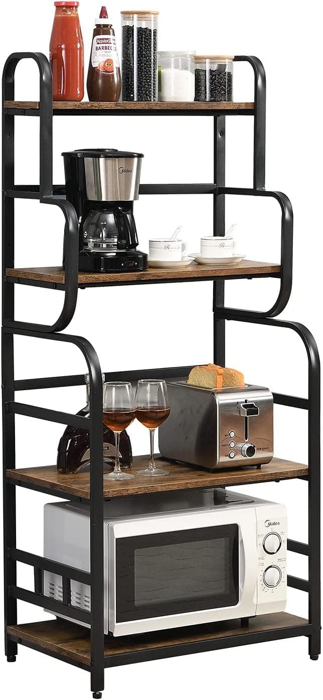 O&K FURNITURE Industrial Kitchen Baker’s Rack, Small Microwave Stand with 4 Shelves, Detachable Kitchen Spice Rack-Rustic Brown Finish, 23.6”W x 15.7”D x 54”H