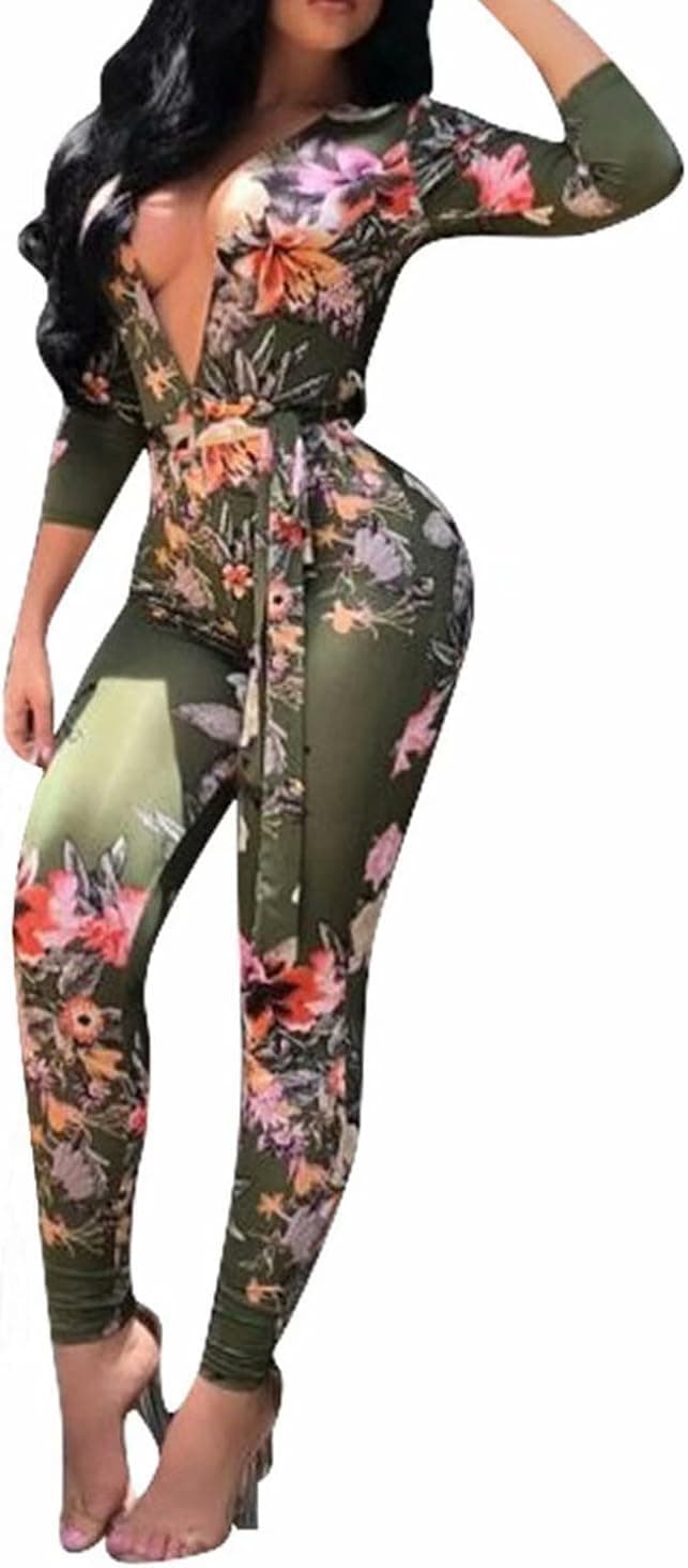 FOUNDO Women's Deep V Neck Long Sleeve Floral Bodycon Jumpsuit Romper Pants